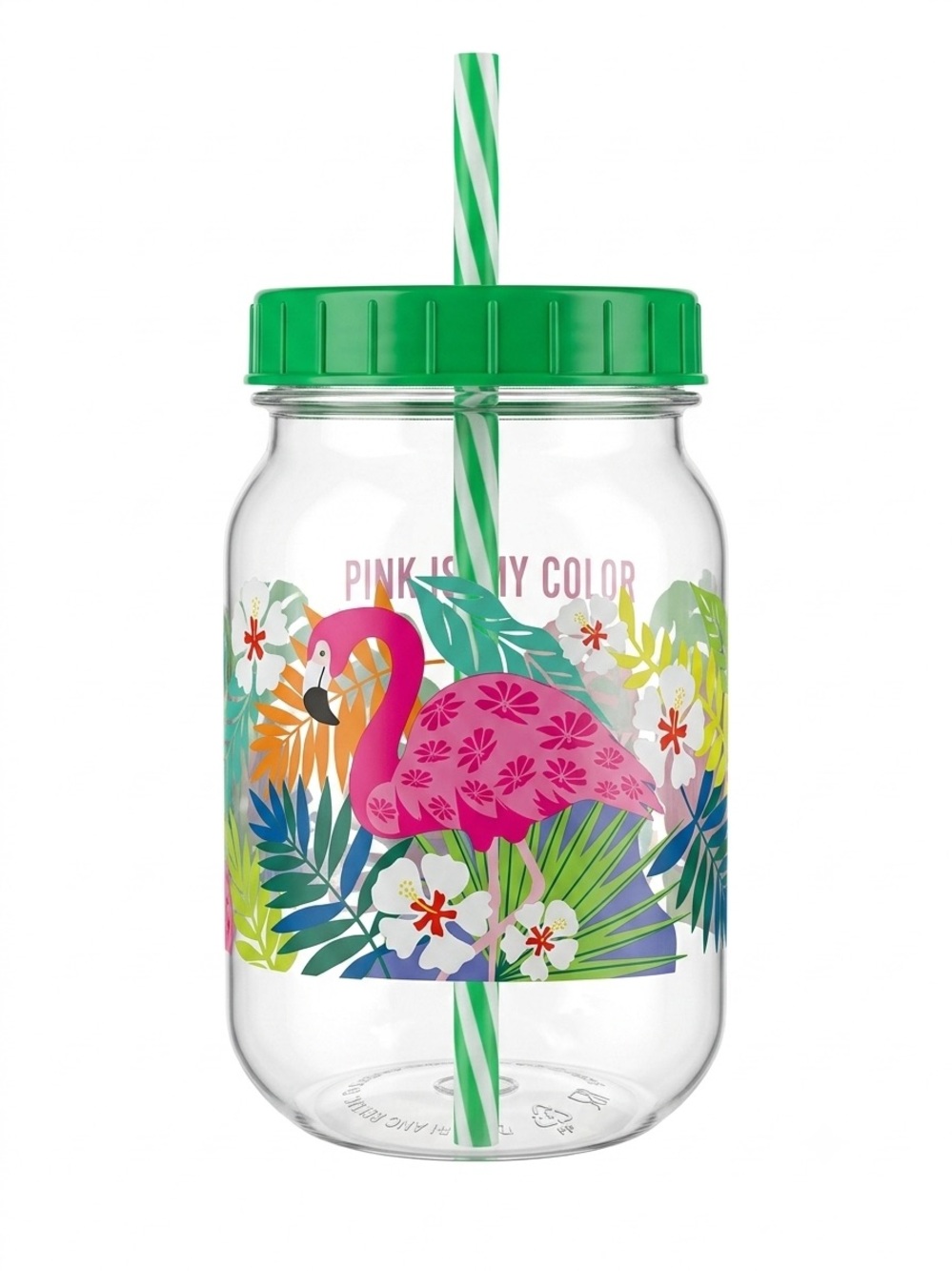 Flamingo Mason Tumbler with Green Lid & Straw
